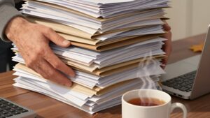 Руки преподавателя отодвигают стопку документов ради отдыха, символизируя борьбу с выгоранием в октябре